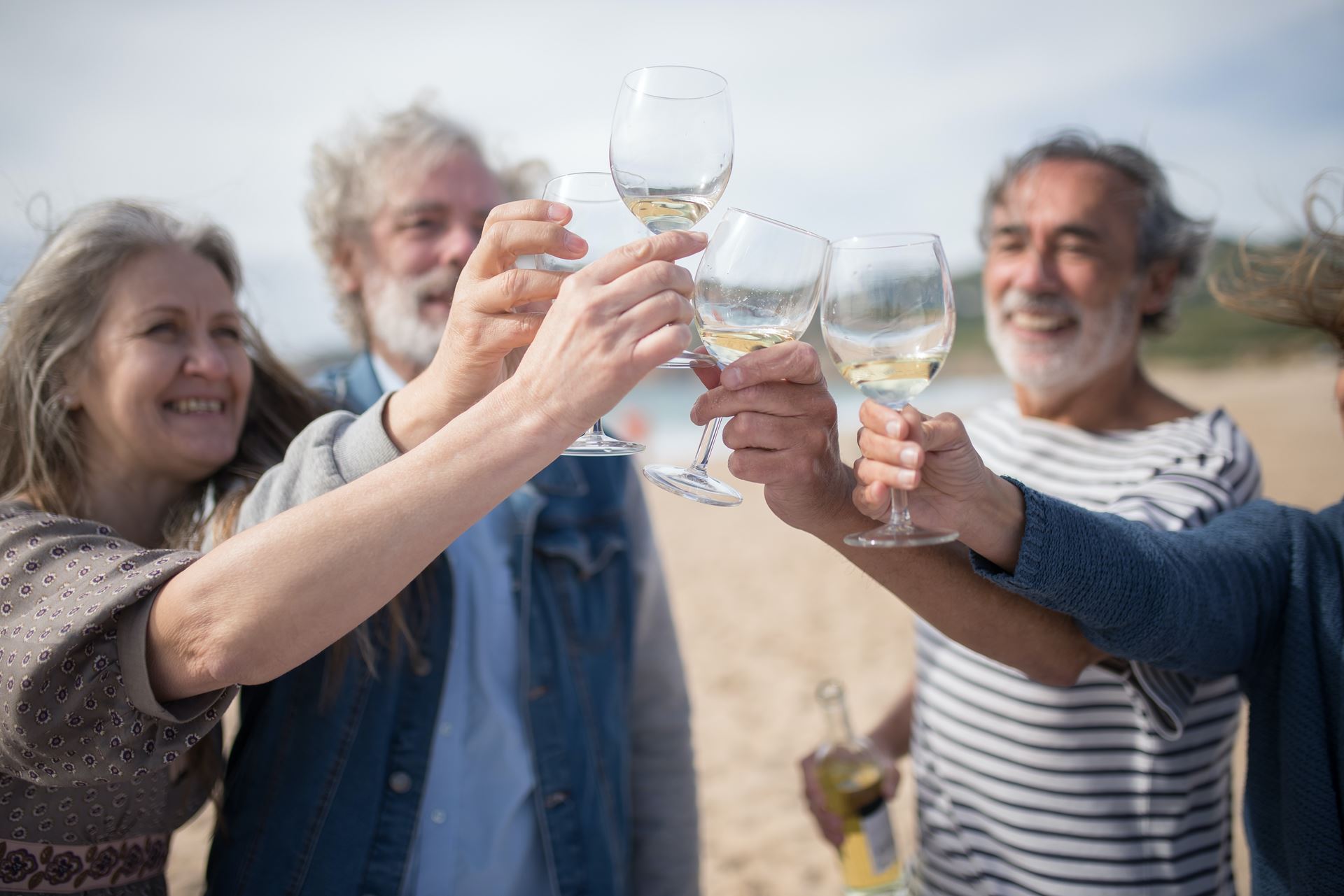 Group of friends sharing a toast on the beach